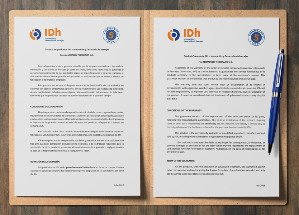 IDh carta calidad 5 años de garantía